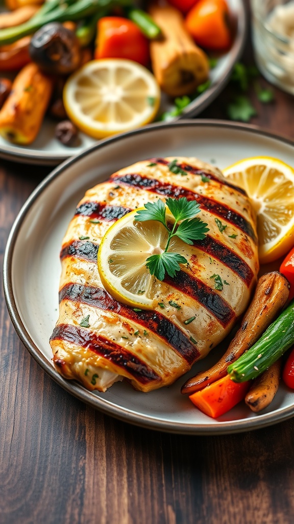 Grilled lemon herb chicken with vegetables on a wooden table.